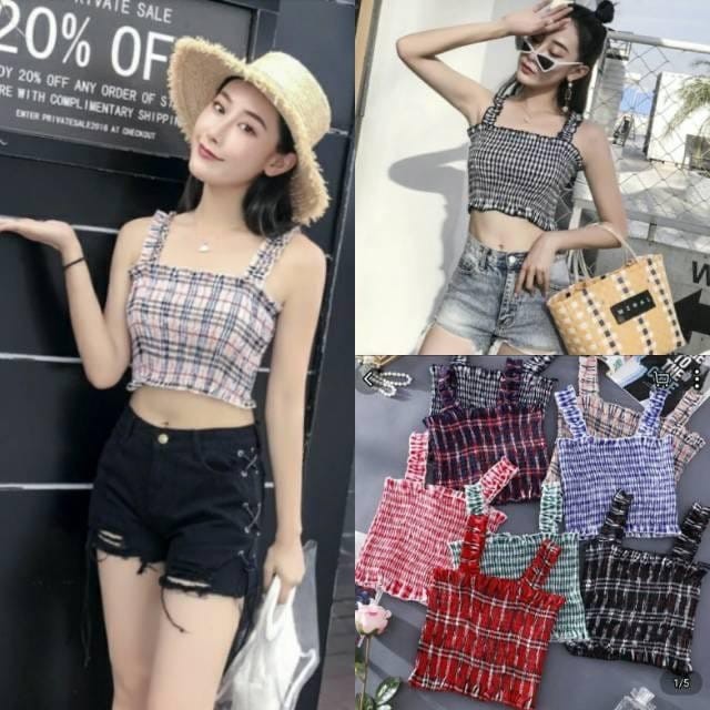 Tank Top Wanita Tengtop Kotak Kerut Tangtop Korea TankTop Crop Top Korean Style Wanita Kekinian
