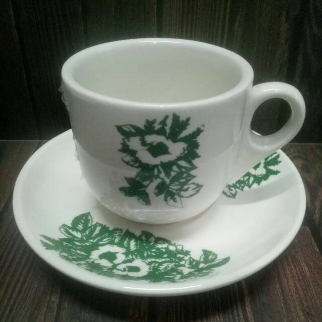 Cangkir Piring Coffe Kopi bunga Hijau Vintage