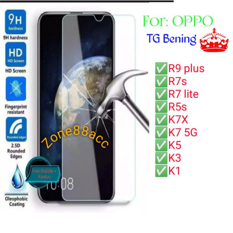 Oppo R9 Plus R7s R7 Lite R5s K7x K7 K5 K3 K1 Antigores Bening Tempered Glass Screen protector TG