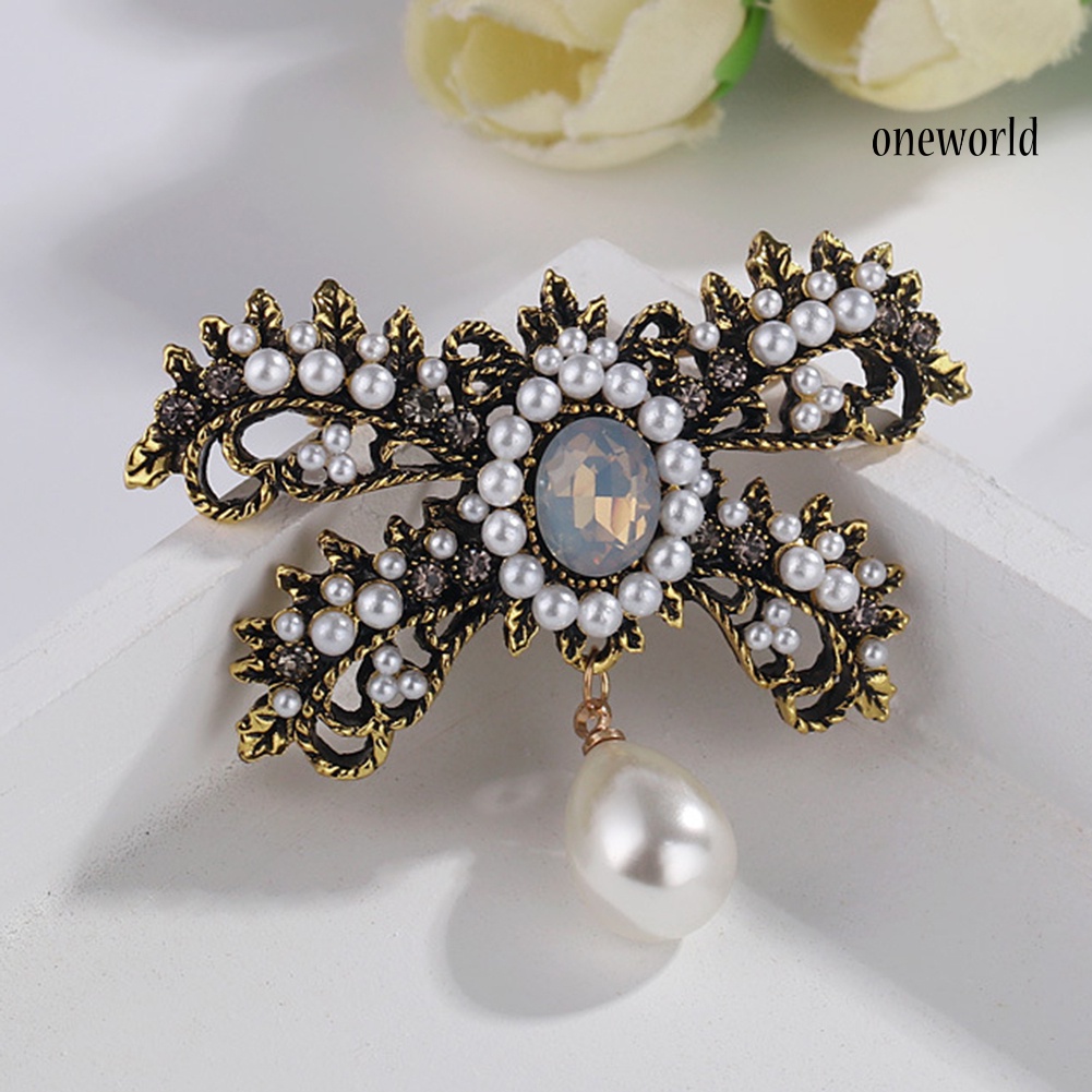 OW@ Vintage Bowknot Rhinestone Faux Pearl Pendant Brooch Pin Women Party Gown Badge