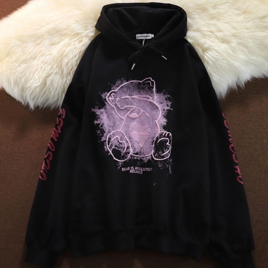 [littlecrab] Hoodie Oversize Bear Tutup Mata Splash Lucu Imut Hoodie Pink Bordir Timbul Elegan Bemesho Bear is Absolutely Reliable Cute Couple Unisex Hoodie Street Style Teddy Bear Hide And Seek Korean Style