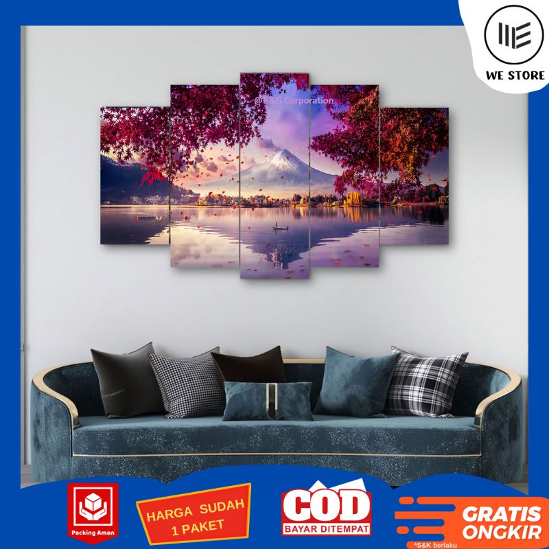 HIASAN DINDING 1 SET 5 PCS GUNUNG FUJI / PEMANDANGAN DEKORASI RUMAH / PAJANGAN KAMAR / LUKISAN RUANG