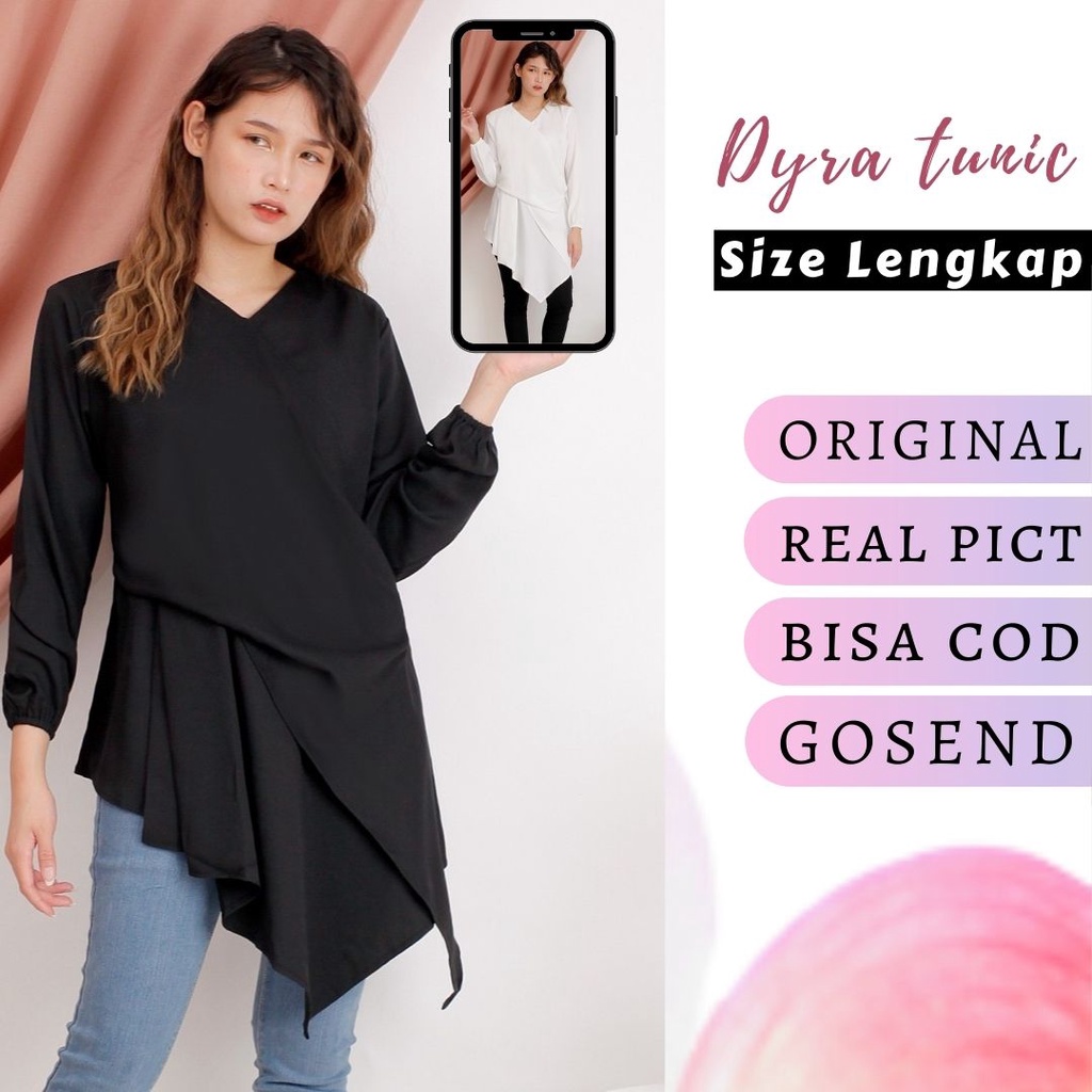 Baju atasan wanita lengan panjang warna hitam putih tunik polos XS S M L XL Dyra