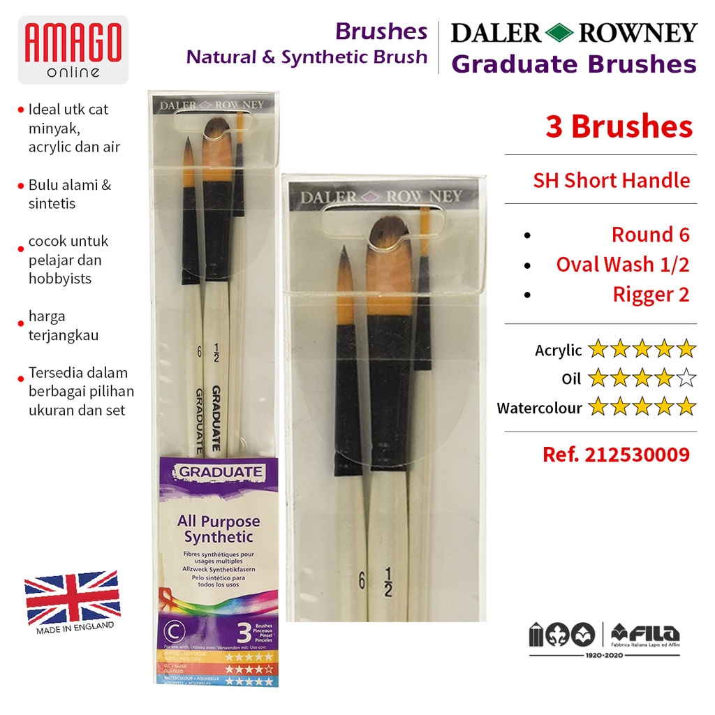

Kuas DALER-ROWNEY isi 3 - Graduate Synthetic Brush - Round, Oval Wash and Rigger - 212530009