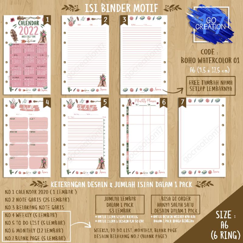 

Buku Planner isi Kertas Binder Motif Boho Watercolor 01 Premium A6 ring 6