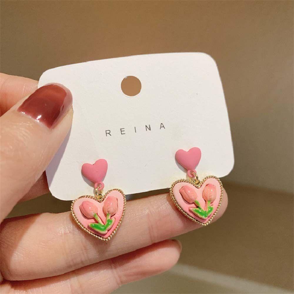 Anting Menjuntai Tulip Agustina Geometris Simple Love Heart Untuk Anak Perempuan Giwang Telinga Alloy Manis