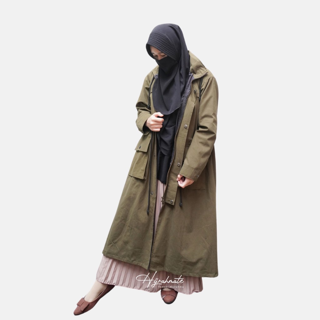 Hijrahmate - Jaket Parka Muslimah Madina Jaket Hijaber dg Hoodie Fleksible & 6 saku (2 saku rahasia)