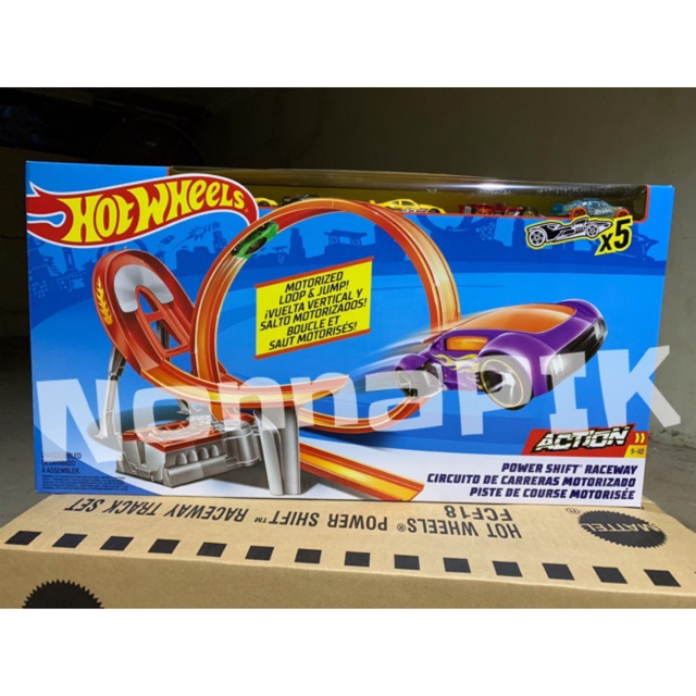 hot wheels power shift raceway track & 5 race vehicles set