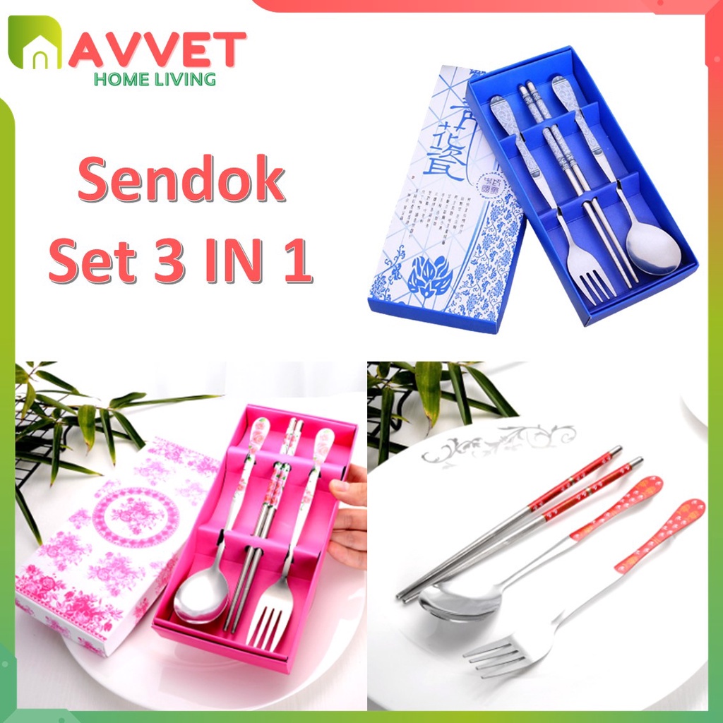 AVVET Sendok Garpu Sumpit Set 3 in 1/ Alat Makan Set Stainless / Souvenir / Sendok Garpu Sumpit 3 in 1