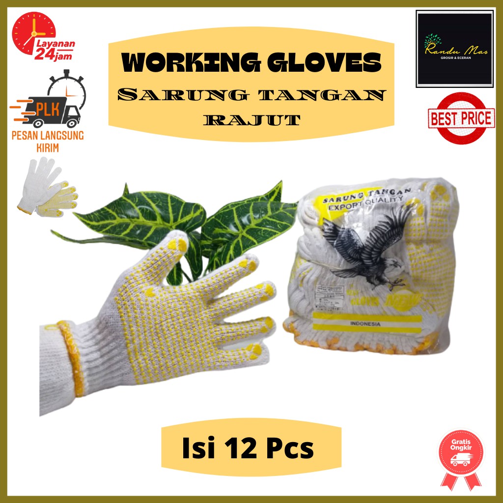 Sarung Tangan Kerja Working Safety Gloves Isi 12 Pcs Bintik Kuning Export Quality Murah Original