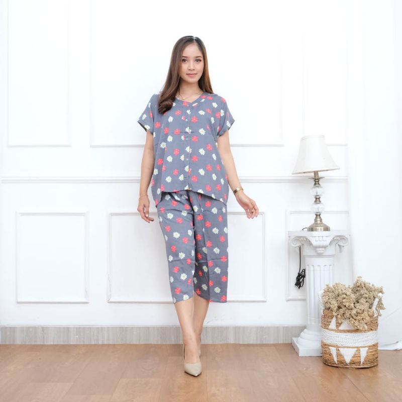 Piyama kancing celana 7/8  depan Busui babydoll wanita Hits baju tidur perempuan one set jumbo pajamas