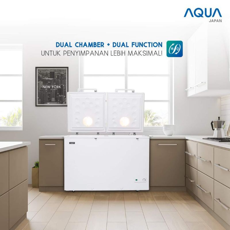 Frezer Box AQUA AQF-385DC  Frezer + Kulkas 2 in 1 ( Khusus Sidoarjo Surabaya Gersik Mojokerto)