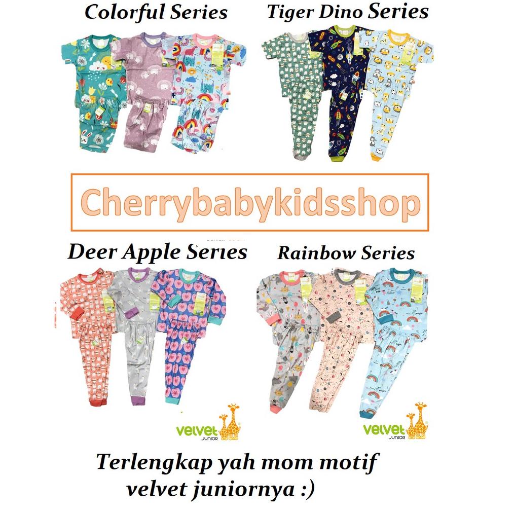 Setelan Velvet Junior Pendek / Panjang Rainbow Tiger Dino Colorful Deer Apple SML CBKS