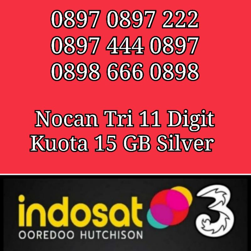 NOCAN Nomor Cantik 11 Digit Kartu Perdana Simcard Tri Three 3 4G LTE Kuota 15GB AON