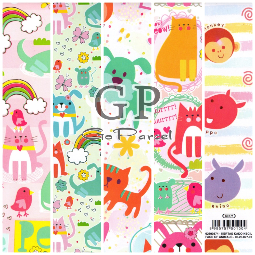 ( 5 Lembar ) KERTAS KADO FUNNY CUTE CAT SAFARI LION CIRCUS KIKY - GIFT WRAP PAPER SHINNY FACE OF ANIMAL GLOSSY MENGKILAP