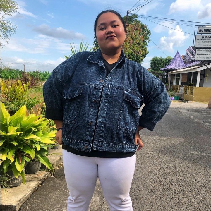 Jaket Jeans Oversize LD 110 - 150 // Jaket Jumbo Saku Wanita Sandwash Denim Premium-OYSTER SW HTM LD140