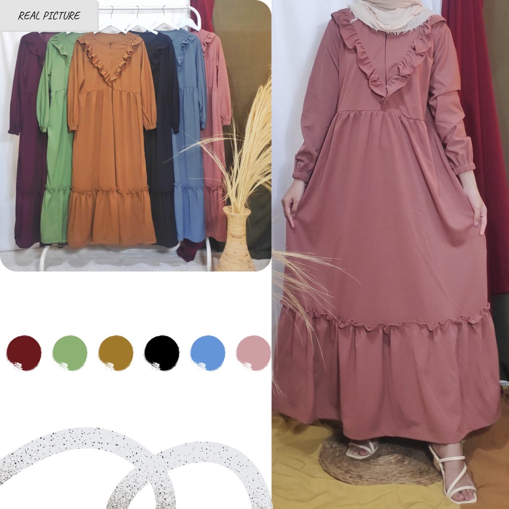 Dailythings Gamis Askara BUSUI Ruffle Kerah V Ukuran Fit L sampai XXL LD 100 Panjang 130