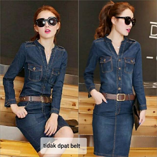 Mini dress mini wanita korea dress denim wanita blue