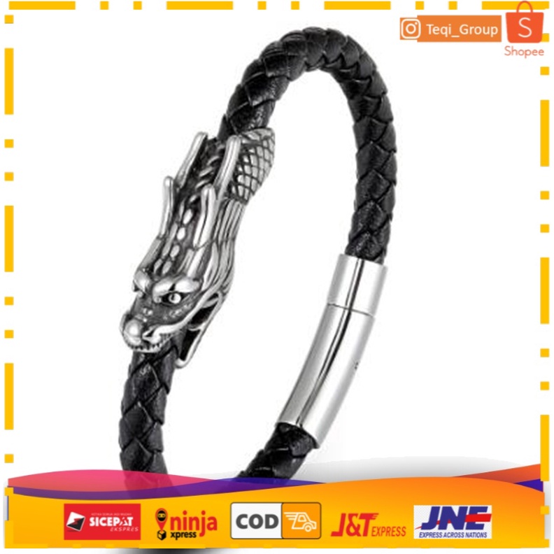 GELANG PRIA RETRO NAGA DENGAN MAGNET CLASP TALI KULIT KEPANG HANDMADE