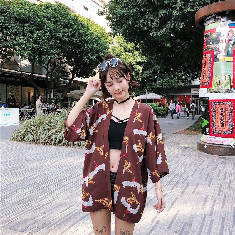 Black Brown Crane Chiffon Beach Cardigan Kimono Wanita Motif Jepang Harajuku Kimono Longgar Warna 2023