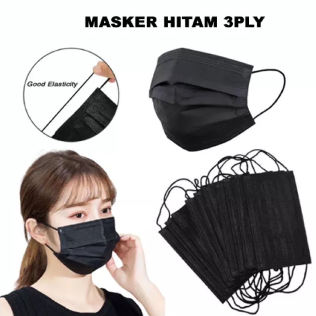 MASKER KESEHATAN 3 PLY IZIN BNPB EARLOOP FACE MASK BLACK HITAM 50 PCS DISPOSABLE ANTI BAKTERI