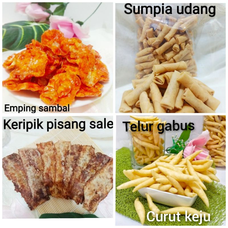 

Emping sambal 500g / keripik pisang sale / sumpia udang / telur gabus curut keju / kenyang