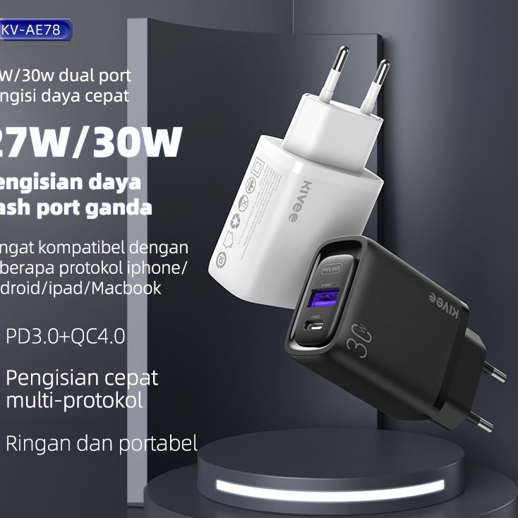 Update KIVEE Charger Adaptor fast charging 30W kepala charger Type C PD 3.0+QC 4.0 Wall Charger 5.0A
