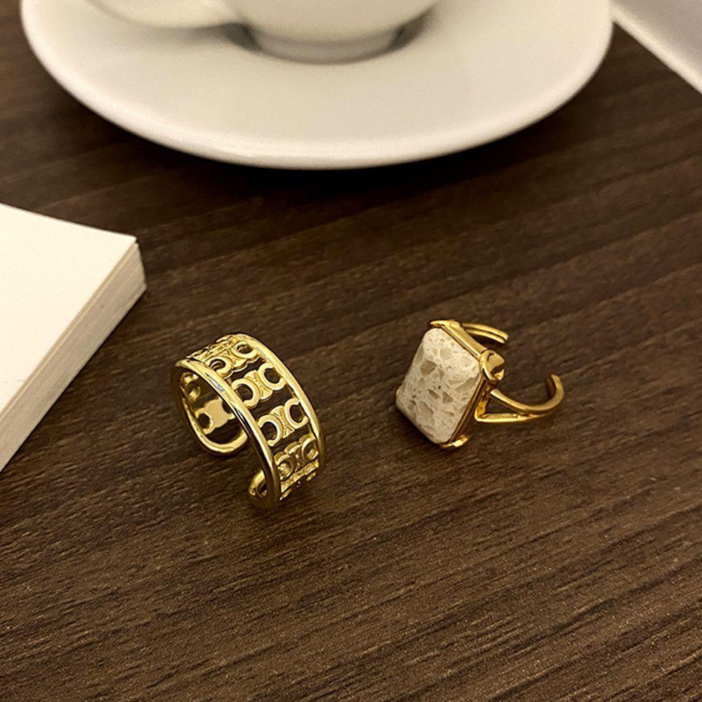 Mxbeauty Wanita Triumphal Arch Cincin Mewah Fashion Berongga Keluar Pola Marmer Square Retro Open Knuckle Ring