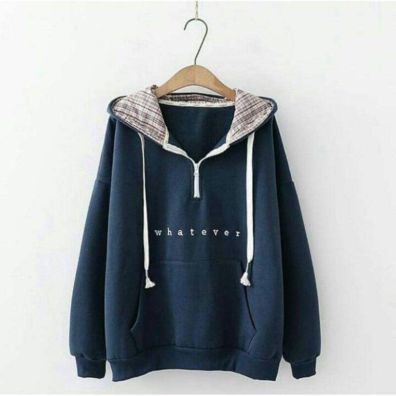 WHATEVER - Sweater Hoodie Wanita Korean Jaket  Keren Ada Saku Depan nya-navy