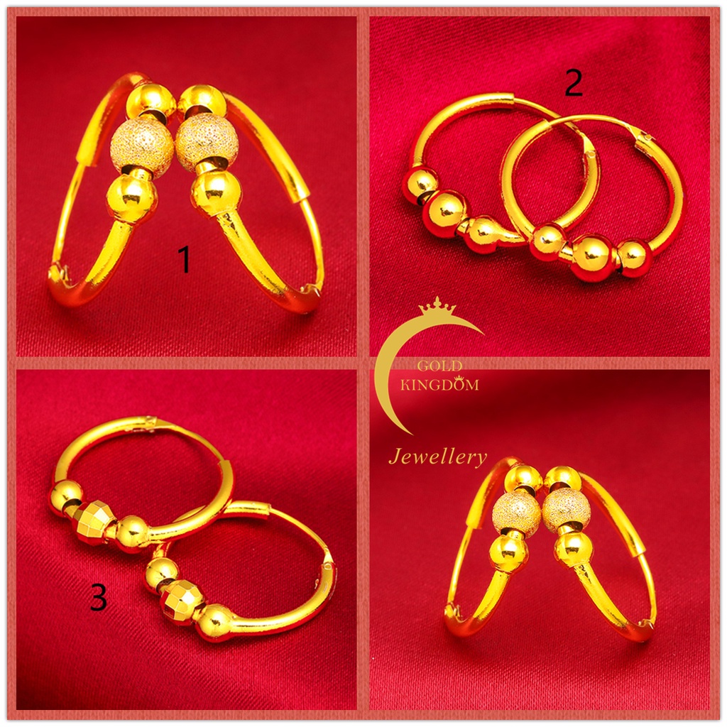 Anting Hoop Manik-Manik Lapis Emas Emas Asli Kadar 375 Gaya Korea