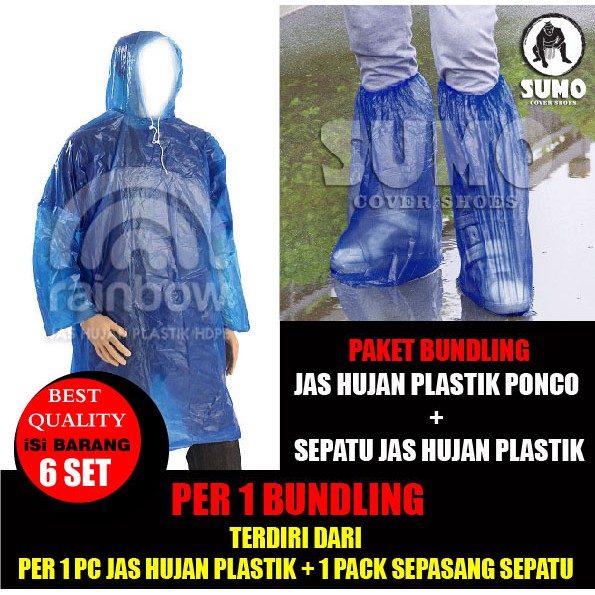 Jas Hujan Plastik + Cover Sepatu Plastik  = Baju + Sepatu - Per 6 SET