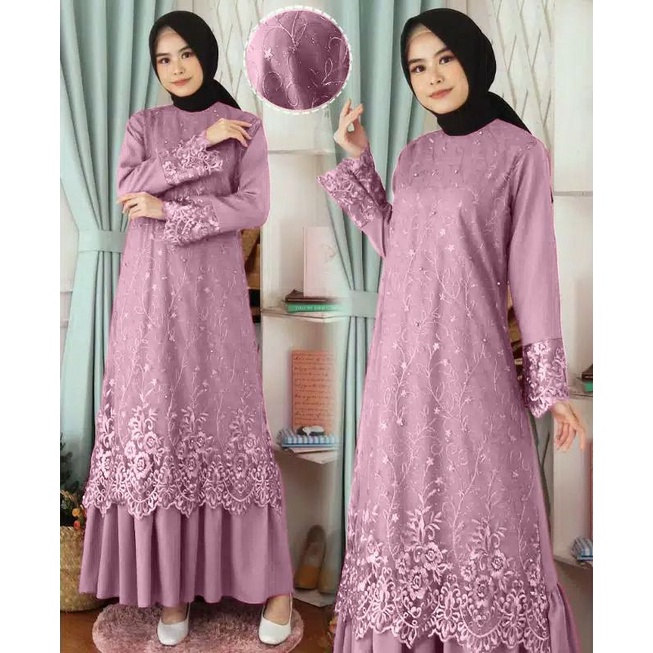 (COD) Gamis Broklat Lilac Dress Brokat Jumbo Ld 105-120 XXL Maxy Kondangan Brocade HQ Mote Tile By C