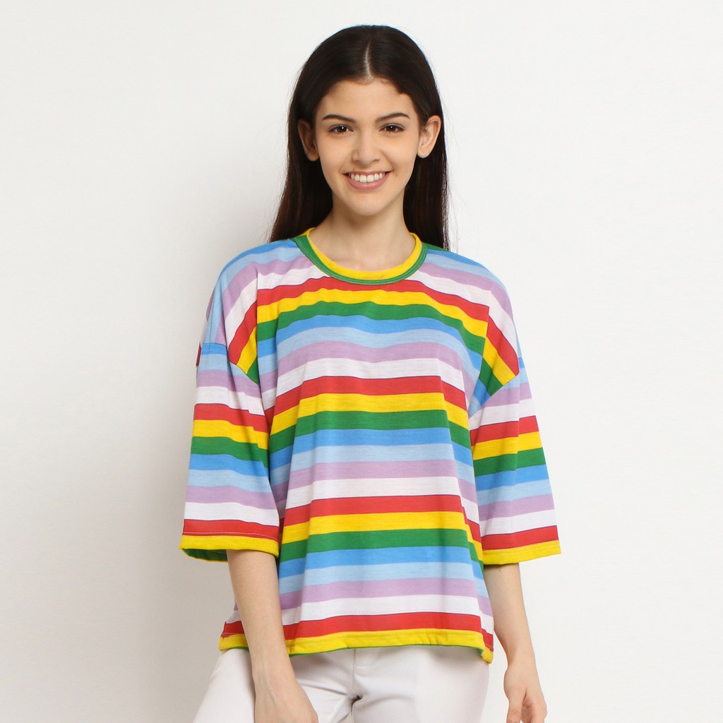 KAOS T-SHIRT ONECK MOTIF GARIS PELANGI SWEET CANDY RAINBOW - YELONIX