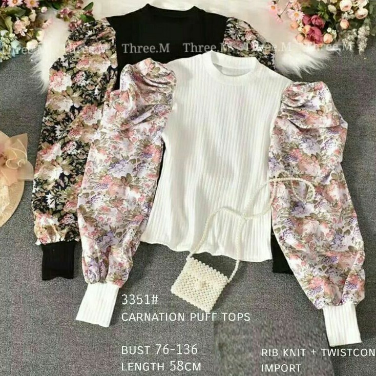 Carnation Baju blouse puff tops lengan balon rajut wanita import baju rajut cewek terbaru hitam