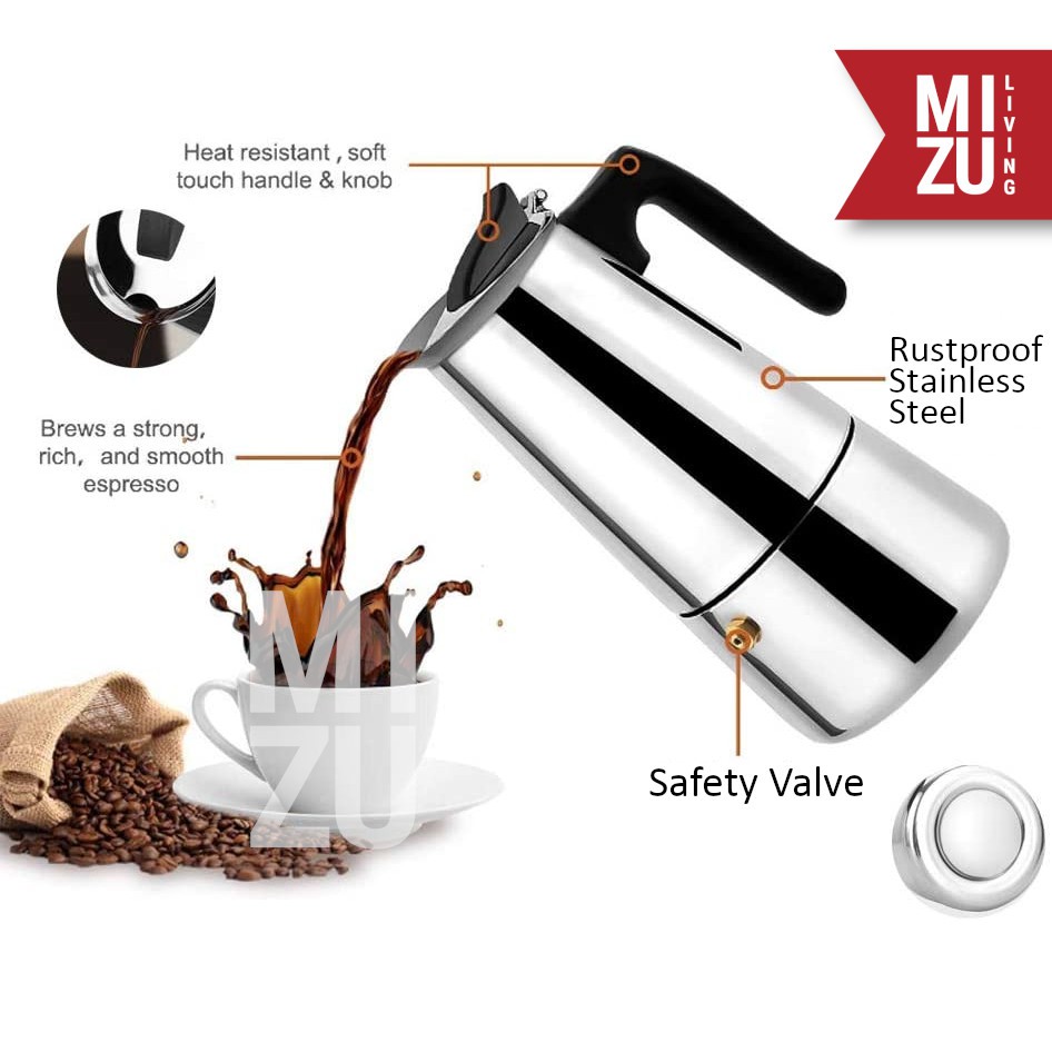 MIZU CAFFEINATOR 12 Cups 600ml Moka Pot Stainless Steel Teko Kopi Italian Espresso Coffee Maker