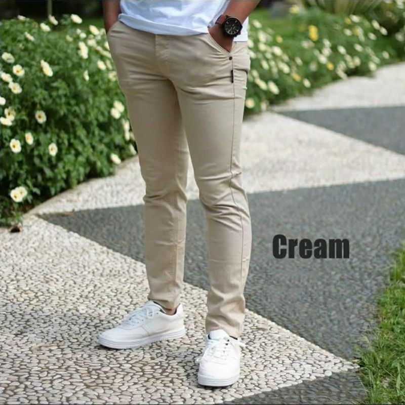 CELANA CHINO Panjang pria Slimfit KERJAHARIAN Santai Casual Formal Hitam Abu Cream Mocca Size 27-38