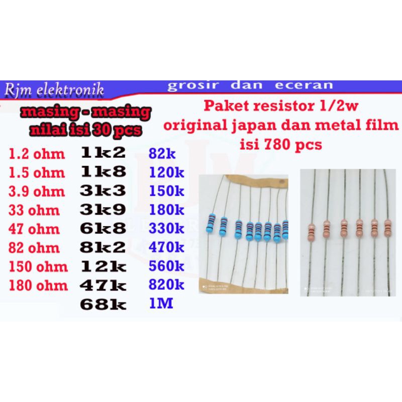 paket resistor metal film dan japan isi 780 pcs