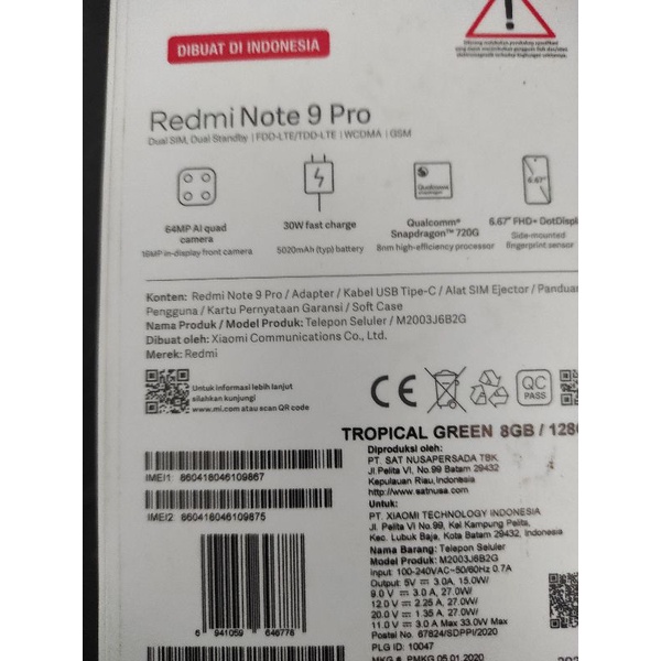Redmi Note 9 Pro 8/128 fullset second no minus