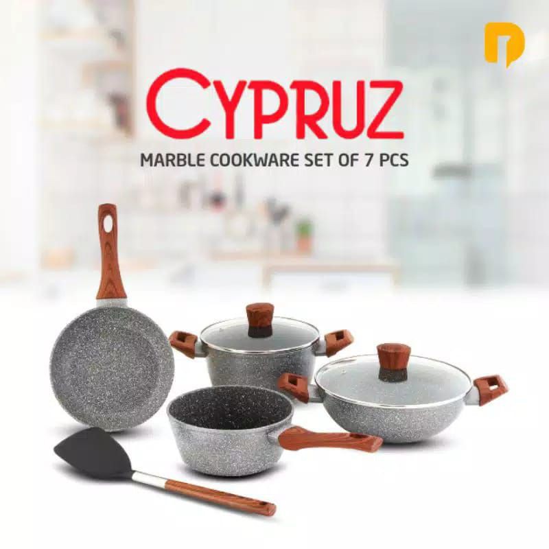 Cypruz Marble Cookware Set Panci Marble Teflon Marble Frypan Casserole Wok Gagang Kayu