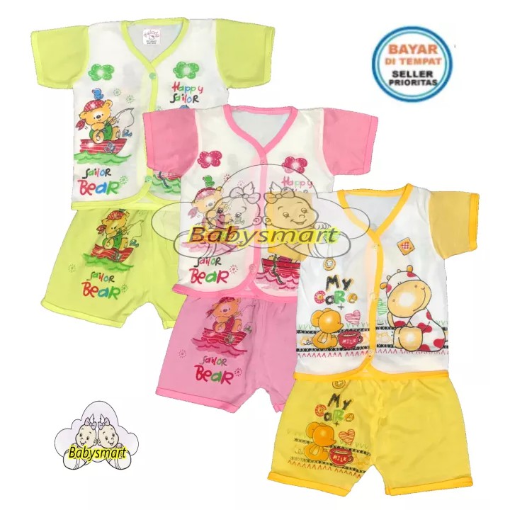 Babysmart - MELODY WARNA ... 3 SET Setelan Baju Lengan Pendek Bayi+Celana Pendek umur 0-3 bulan