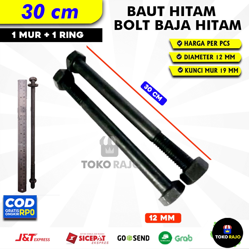 Jual BAUT MUR HITAM BAJA PANJANG 12 MM 20 CM 15 CM 10 CM BAUT BAJA ...