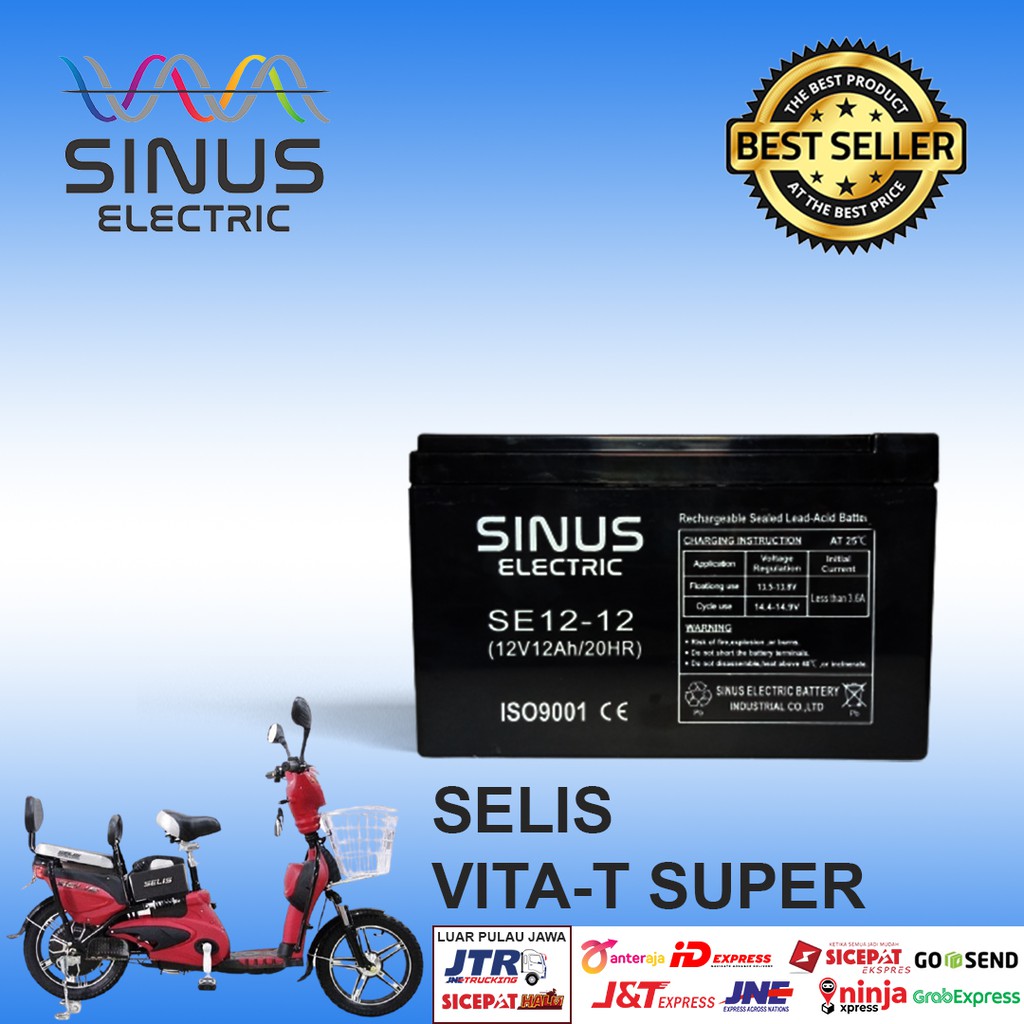 AKI VRLA SINUS ELECTRIC 12V 12AH AKI SEPEDA LISTRIK SELIS VITA-T BUTTERFLY ORI MURAH