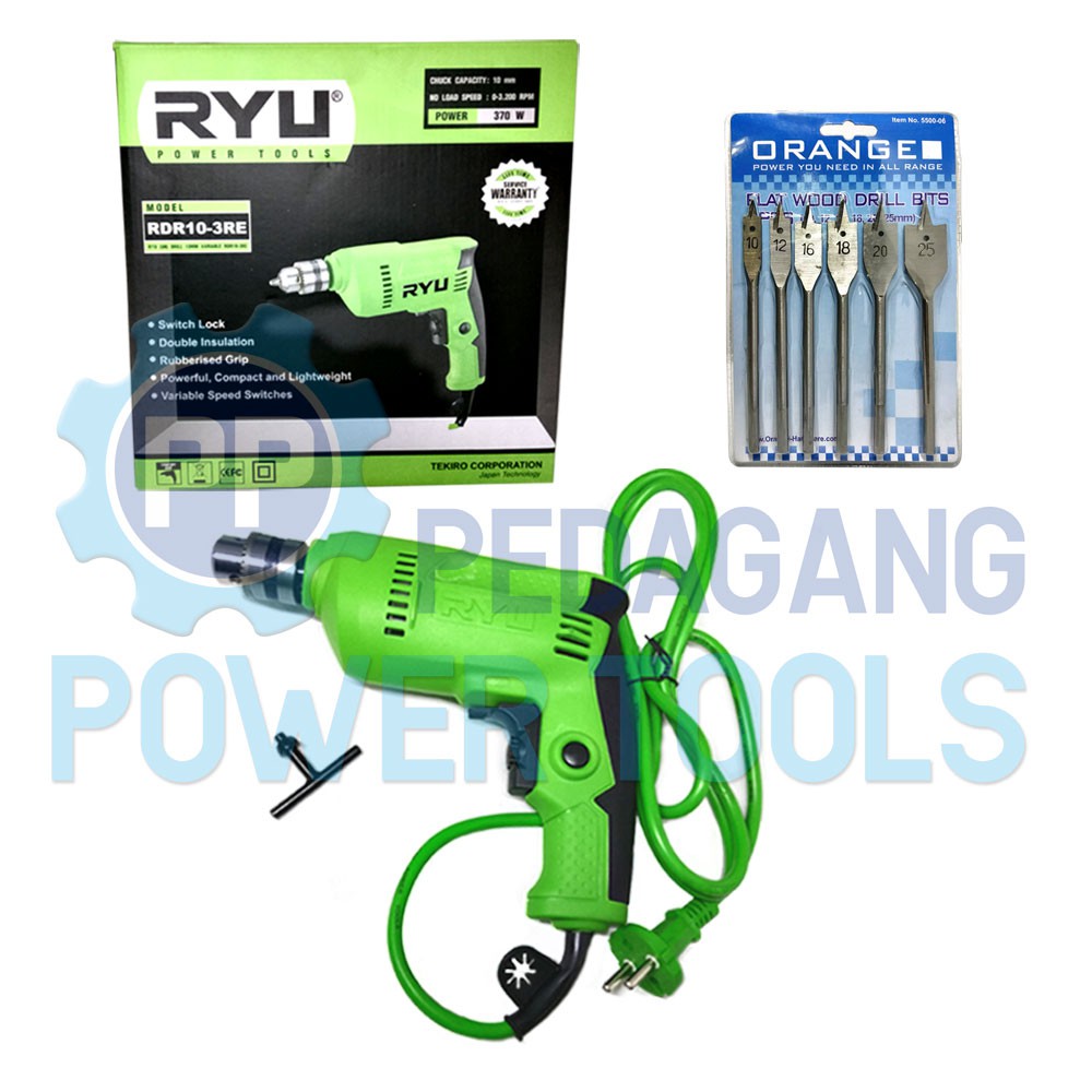 RYU RDR10-3RE BOR LISTRIK 10 MM &amp; MATA BOR KAYU KIPAS SET 6 PCS