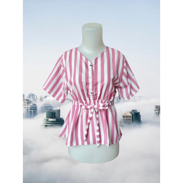 REBECCA Top Moscrepe Halus / Atasan Blouse Wanita / Blouse SALUR TALI PINGGANG WD-01 Salur