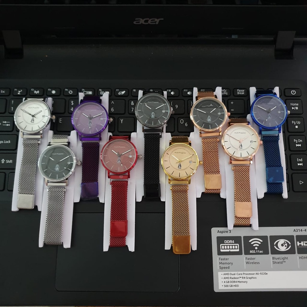 JAM TANGAN WANITA MURAH HUSH PUPPIES TANGGAL AKTIF TALI PASIR MAGNET