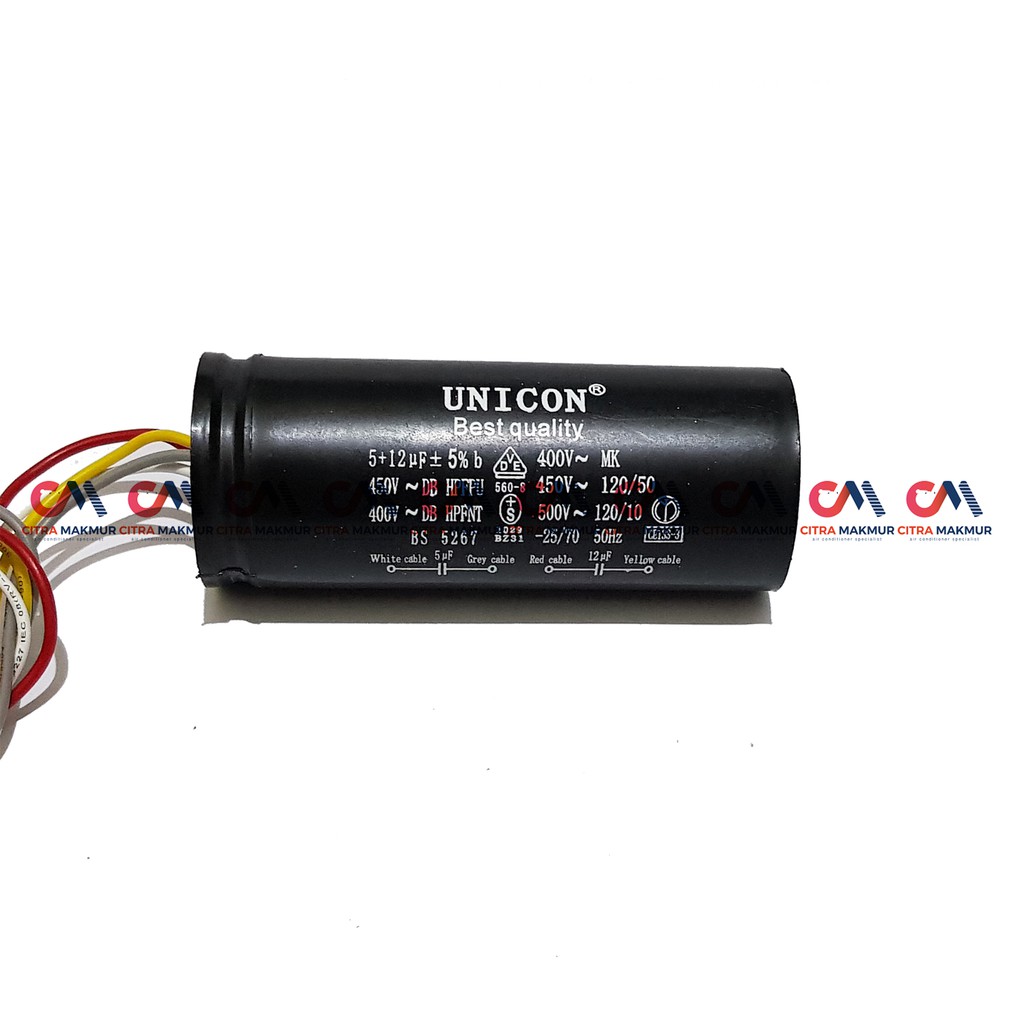 Kapasitor Mesin Cuci 2 tabung 5 uF dan 12 uF Washing Machine Capasitor 4 kabel 5+12 mikro