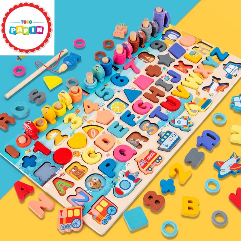 TokoPapin Mainan Puzzle Edukasi Anak Bayi Huruf Angka 6 Tingkat Wooden Education Mainan Anak Murah Berkualitas Import Anak umur 1 2 3 tahun laki laki perempuan 6 in 1