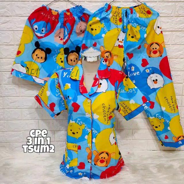 hokyfashion PIYAMA/BAJU TIDUR CP 3 IN 1 POOH HAPPY-3in1 tsum family bir