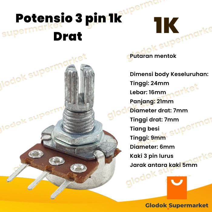 Potensio 3 pin 1k Drat Mono Kaki 3 Lurus Potentio Meter 102