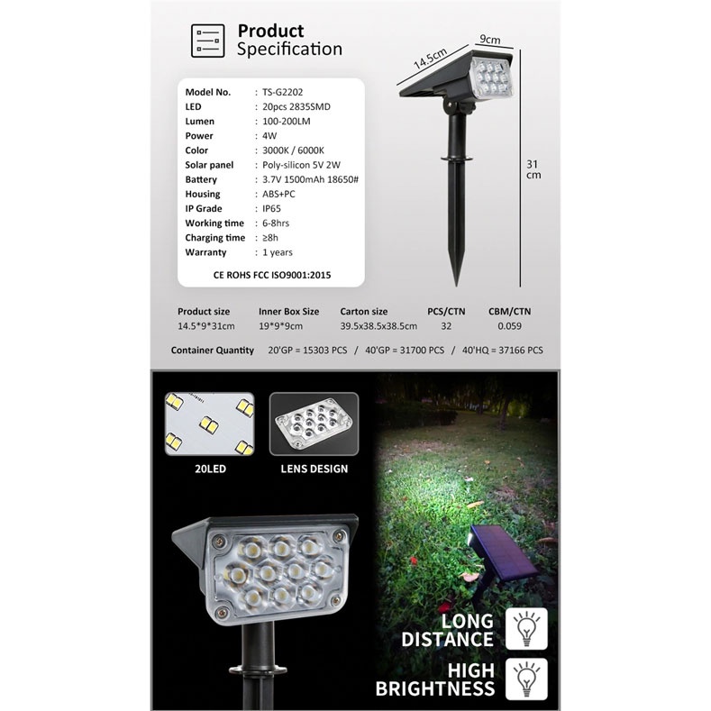 Lampu Taman Outdoor Solar Power Waterproof 10 LED - TS-G2202-60 - ATLL01WT Warm White